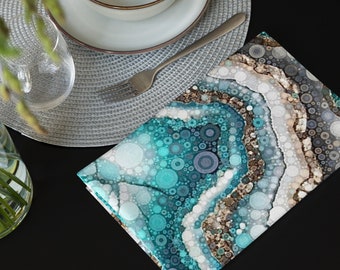 Mexican Turquoise Cenote Cloth Napkin Set, Teal Quartz Napkins, Set of Four Geode Napkins, Fabric Napkins