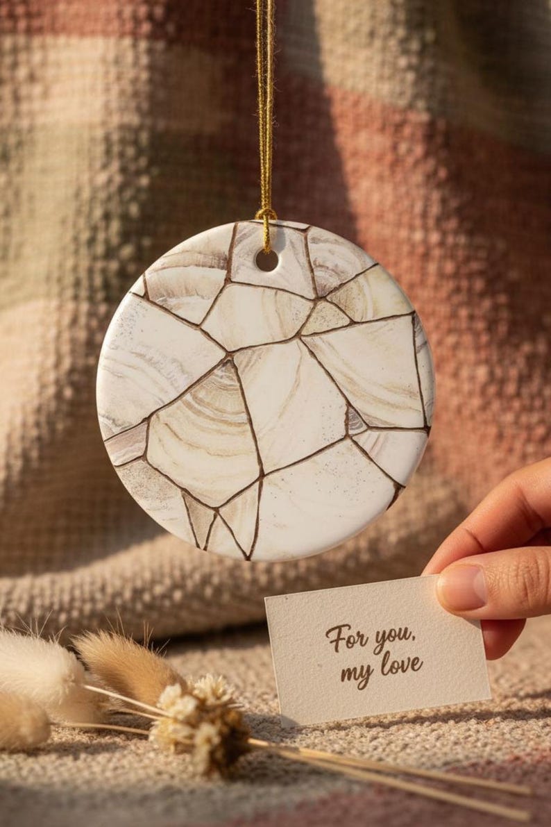 May include: A round, white ceramic ornament featuring a brown, cracked, mosaic-like pattern across its surface. The ornament hangs from a thin gold string. A small, rectangular off-white card with the text "For you, my love" is held nearby.