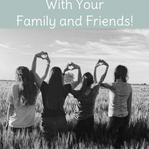 May include: A light blue graphic featuring three white hearts and the text Share My Shop With Your Family and Friends! above a black and white photograph of four people standing in a field making heart shapes with their hands, with FOLLOW ME! below.