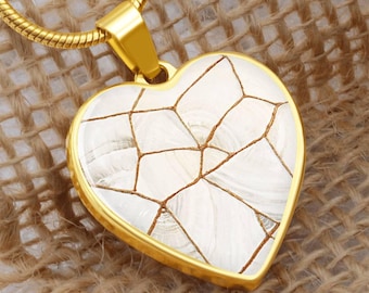 Pure Heart White Kintsugi Pendant Necklace - Custom Engraved Jewelry, Soulmate Gift Pendant