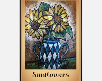 Sunflowers Poster Print, Large Kitchen Print, Van Gogh Style, Floral Poster, Market Botanical Print, Blue Vase, Impasto Print Yellow Flowers