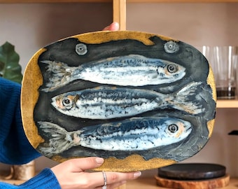 Italian Sardine Serving Platter - Hand Painted Fish Design, Tuscan Housewarming Gift, Display Plate, Matt Finish