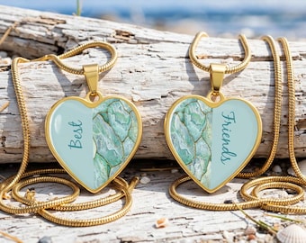 Best Friends Pendant Duo PERSONALIZE * KINTSUGI Celadon JADE Heart Geode Jewelry, Kintsugi Necklaces, Meaningful Gift Friendship Pendants