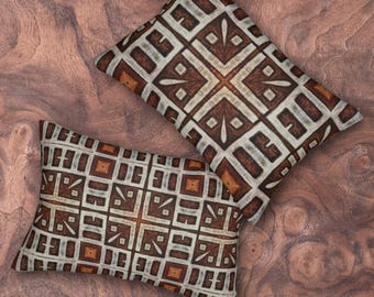 Geometric Tribal Mudcloth Pattern Lumbar Pillow | Brown Rust Kuba Cloth Motif