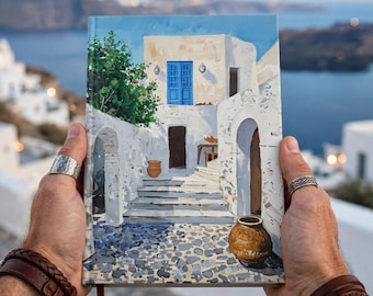 Greek Island Courtyard Hardcover Journal | Travel Notebook, Santorini Scene, Mama Mia Greek Trip