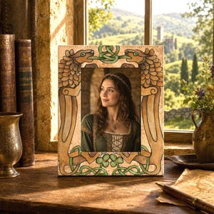 May include: A decorative picture frame with a medieval theme. The frame features two dragon-like creatures with green accents and a light brown background. The frame surrounds a portrait of a woman in a green dress. The frame is on a wooden surface.