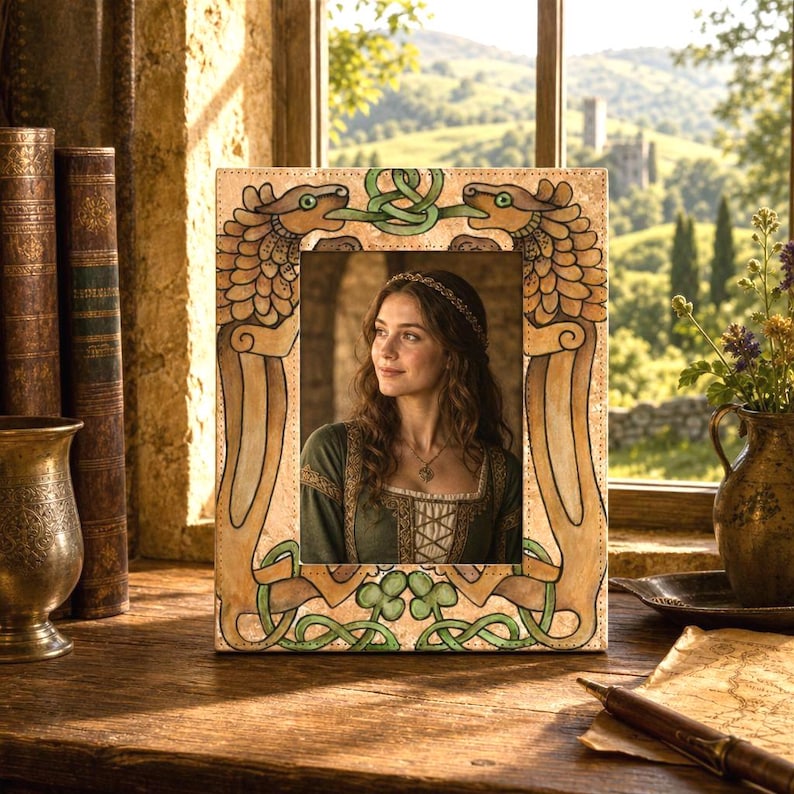 May include: A decorative picture frame with a medieval theme. The frame features two dragon-like creatures with green accents and a light brown background. The frame surrounds a portrait of a woman in a green dress. The frame is on a wooden surface.