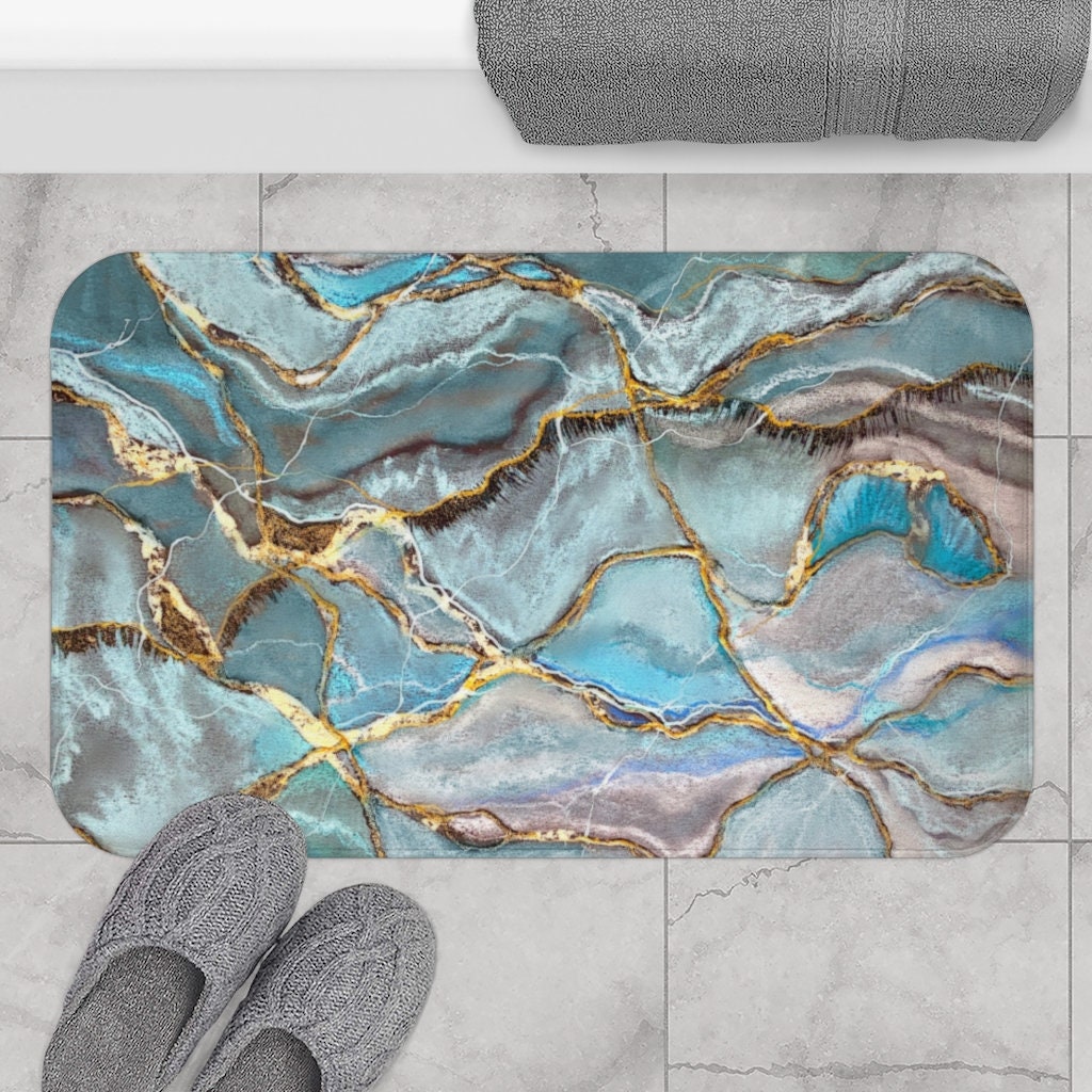 Turquoise Navy Blue Agate Black Gold Geometric Triangles Bath Mat by  BlackStrawberry