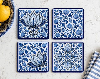Delft Blue Lotus Coaster Neoprene Back (Square) 4PK, Traditionaldelt look Coasters, Party Coasters