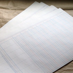 May include: A stack of white ledger paper with blue and red grid lines. The paper has perforated edges and a small logo on the top left corner.
