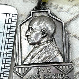 Vintage Pope Pius XII Pax Anno Sancto 1950 Opus Justitiae Silver Plated Religious Medal Pendant French Marked France on Reverse