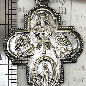 Vintage Old Silver Plated Catholic Four Way Cross Religious Medal Pendant Virgin Mary Saints Charm Rustic