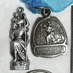 Lot 2 Vintage Saint St Christopher Religious Medal Pendant Charms France and Japan Silver Tone