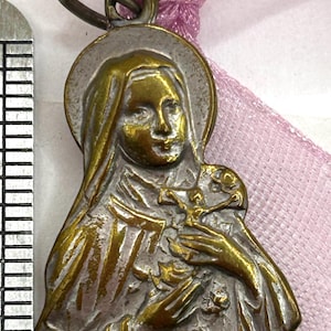 Vintage Rustic Saint St Thérèse of Lisieux Basilica Religious Medal Pendant Brass With Worn Silver Plate Weathered Old Charm