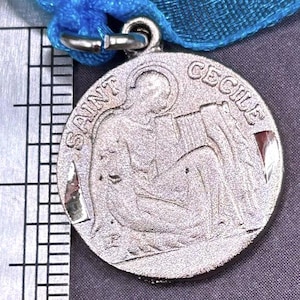 Vintage Silver Tone Saint St Cecilia Cecile Religious Medal Pendant Charm Patron Saint of Music and Musicians