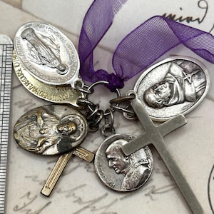 Vintage Lot Set Religious Catholic Medals Cross Pendants Pope Saint Virgin Mary Miraculous Mixed Materials