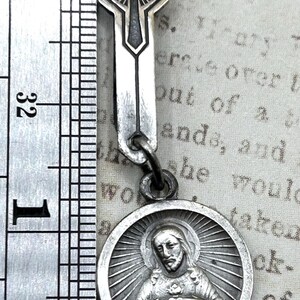 Vintage Old Sacred Heart of Jesus Religious Catholic Medal Pendant on Unusual Clip With Cross Image Our Lady of Mount Carmel Silver Plated