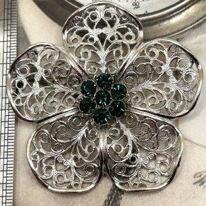 Vintage Silver Tone Flower Green Rhinestone Midcentury Brooch Pin