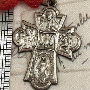 Vintage Silver Plated Catholic Four Way Cross Religious Medal Pendant Virgin Mary Saints Charm Rustic Old