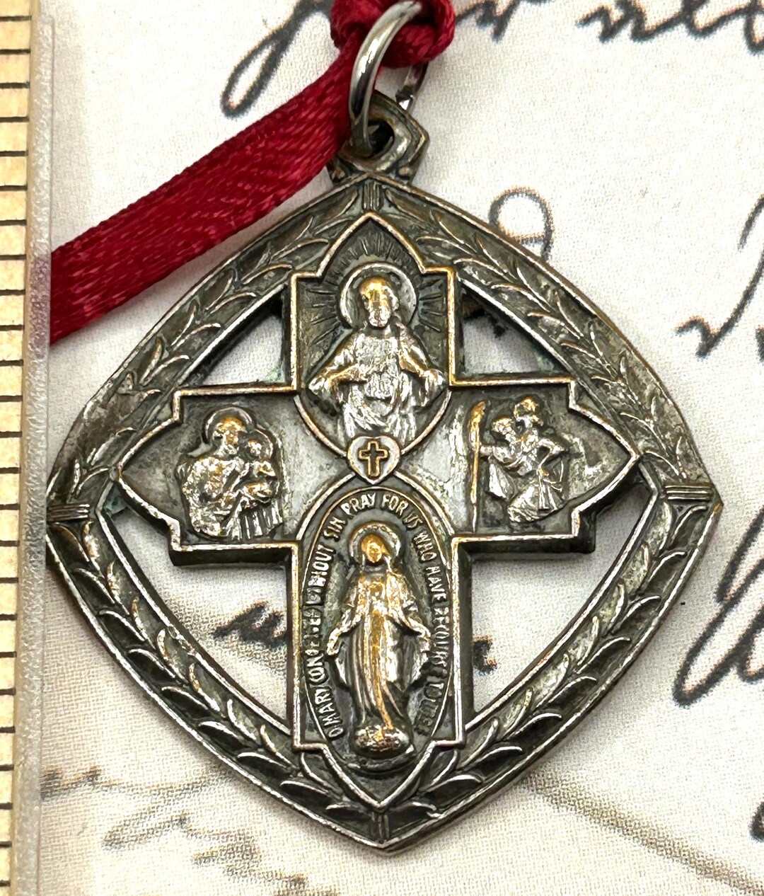 Vintage Copper Silver Plated Catholic Four Way Cross Religious Medal ...