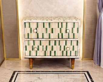 Handmade Bone Inlay 3 Drawer Chest, Floral Inlay Dresser, Luxury Nightstand Storage Furniture