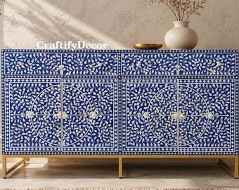 Handcrafted Mother of Pearl Inlay 2 Drawer 4 Door Cabinet | Blue Indian Furniture