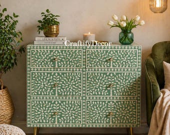 Handmade Bone Inlay Dresser: Green Accent Chest of Drawers