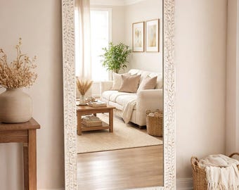 Bone Inlay Floor Mirror White Floral Design Rectangular Full Length Home Decor
