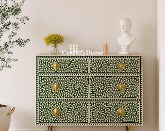 Handmade Bone Inlay 6-Drawer Sideboard: Geometric Indian Luxury Furniture