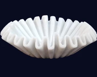 Hand Carved White Marble Ruffle Bowl – Luxury Centerpiece Fruit Bowl Customizable Sizes