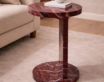 Rosso Levanto Marble Pedestal Side Table – Red Stone Accent Nightstand 30x30x50 cm