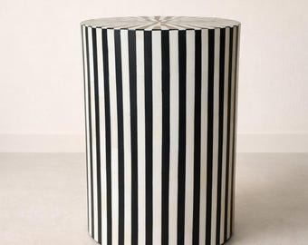 Bone Inlay Striped Round End Table, Bedside Stool Sofa Accent