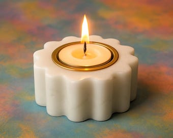 Handcrafted White Marble Candle Holder Set of 2 : Modern Floral Centerpiece