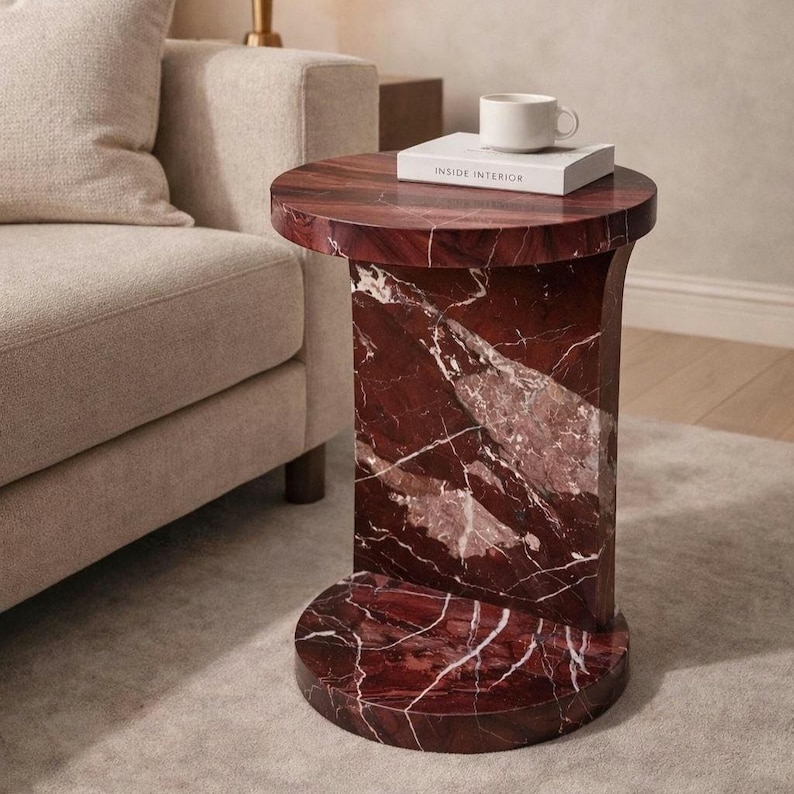 Rosso Levanto Marble Pedestal Side Table – Red Stone Accent Nightstand 30x30x50 cm image 2