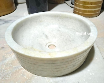 Hand Carved White Marble Sink - Natural Stone Vanity Basin
