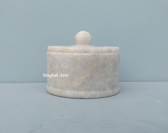 Handmade White Marble Jar with Lid: Rustic Kitchen Organizer