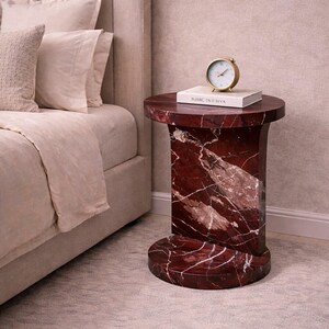 Rosso Levanto Marble Pedestal Side Table – Red Stone Accent Nightstand 30x30x50 cm image 3