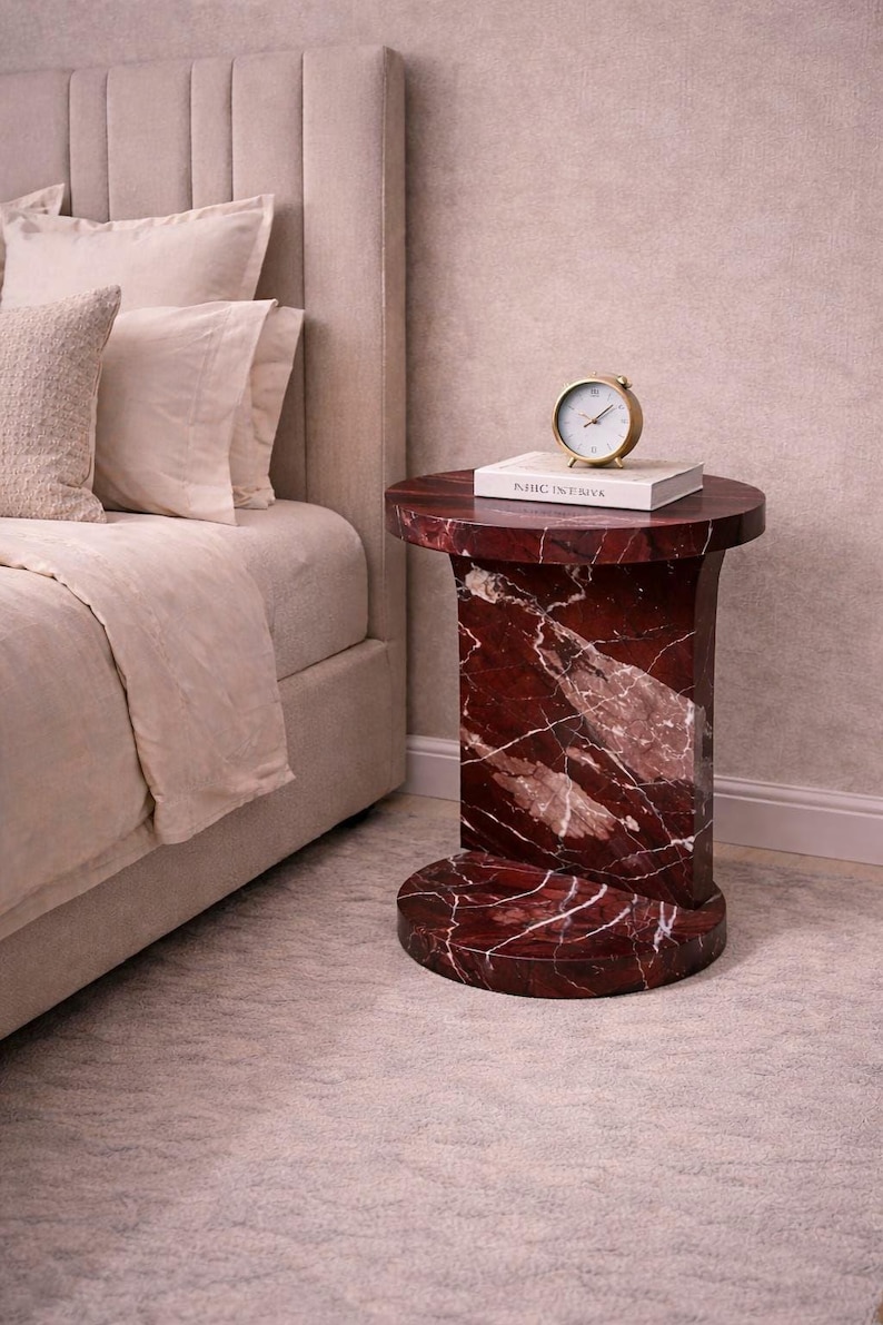 Rosso Levanto Marble Pedestal Side Table – Red Stone Accent Nightstand 30x30x50 cm image 3