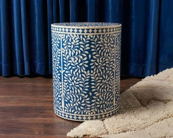 Mesita auxiliar con incrustaciones de hueso hechas a mano / Taburete con diseño floral / Muebles auxiliares de estilo bohemio para sofá y otras estancias.