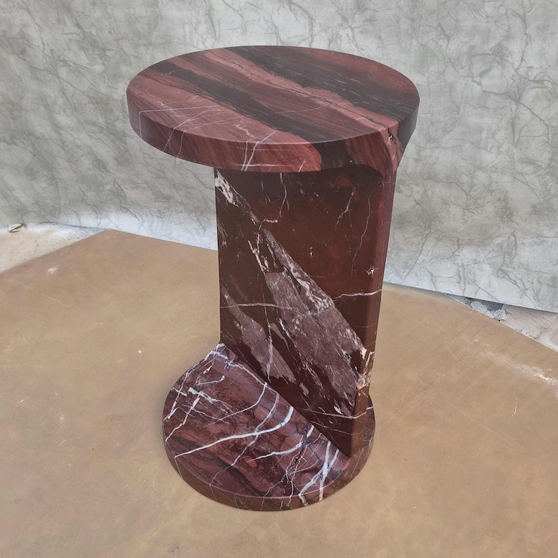 Rosso Levanto Marble Pedestal Side Table – Red Stone Accent Nightstand 30x30x50 cm image 4