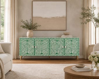 Handgefertigtes Sideboard aus Knochen | Floral Boho Schrank Medien Konsole Lagerung