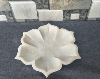 Handmade White Marble Lotus Tray | Handcrafted Floral Decorative Dish | Utility Bowl