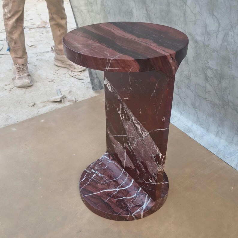 Rosso Levanto Marble Pedestal Side Table – Red Stone Accent Nightstand 30x30x50 cm image 8