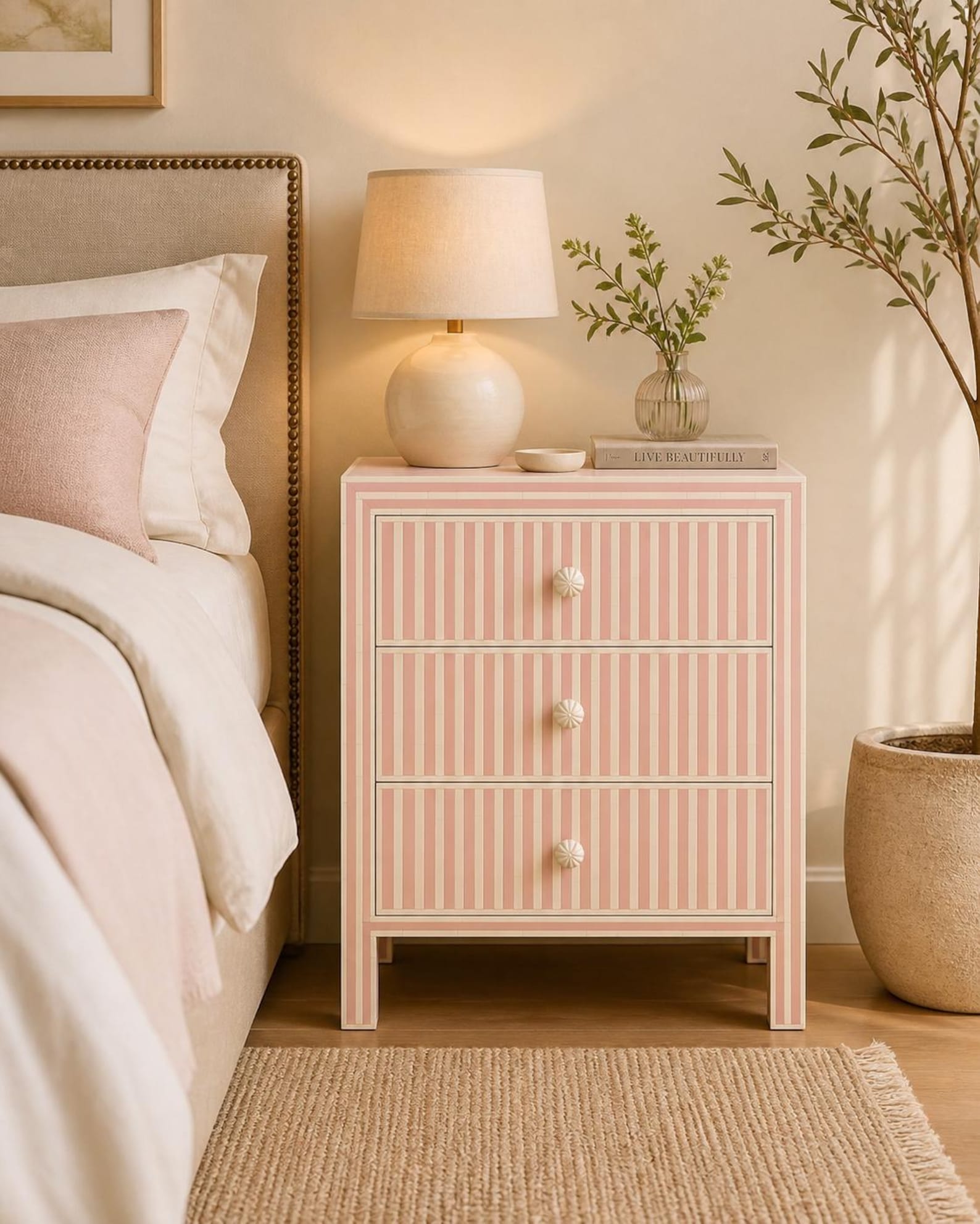 Bedside Table Patterned Handmade Bone Inlay Waterfall Bedside Table: Striped Pattern Nightstand ...
