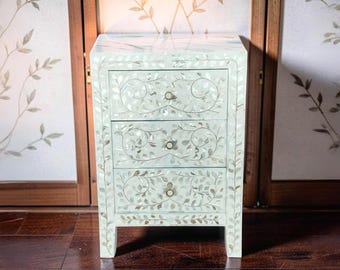Handmade Bone inlay Nightstand | Floral Bedside table| 3 Drawer  Home Decor