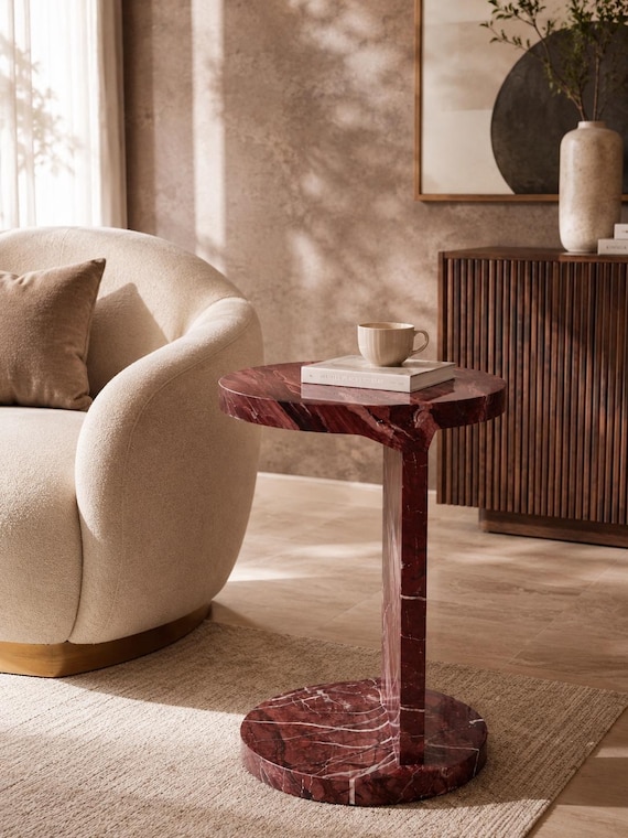 Rosso Levanto Marble Pedestal Side Table – Red Stone Accent Nightstand 30x30x60 cm