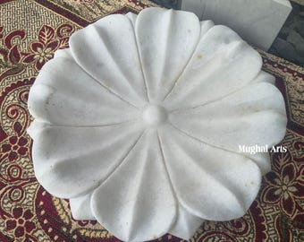 Handmade White Marble Flower Bowl • Decorative Stone Centerpiece