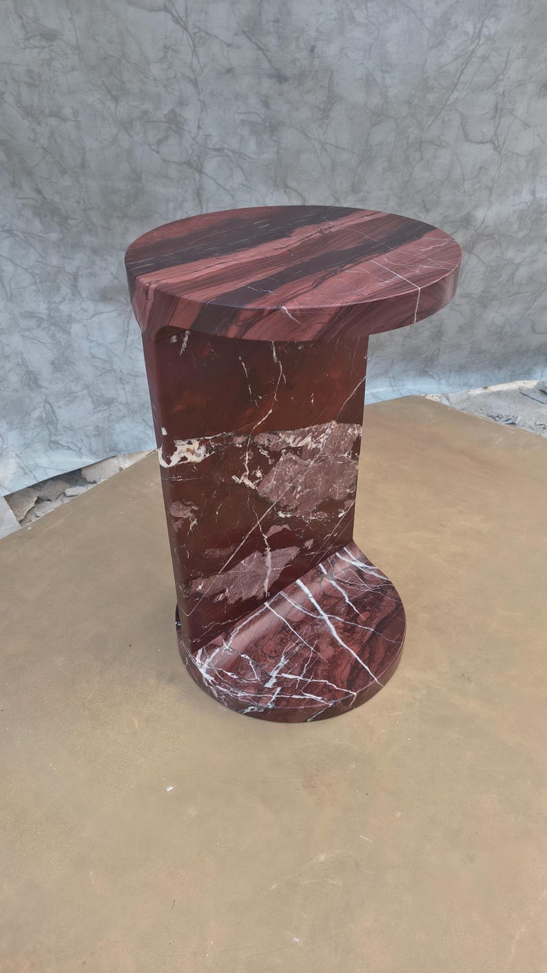 Rosso Levanto Marble Pedestal Side Table – Red Stone Accent Nightstand 30x30x50 cm image 11