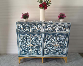 Handmade Blue Bone Inlay Sideboard | Floral Carved Console Cabinet | Luxury Entryway Credenza | Boho Living Room Storage Furniture