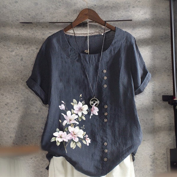 New Women Summer Cotton Linen Embroidery Loose Top, Elegant Vintage Floral Short Sleeve, Gifts for Mum, Beach Casual Workwear Tops Blouses